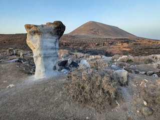 Los Roferos de Teseguite geological formations and Montana de Guenia in the background, Lanzarote...