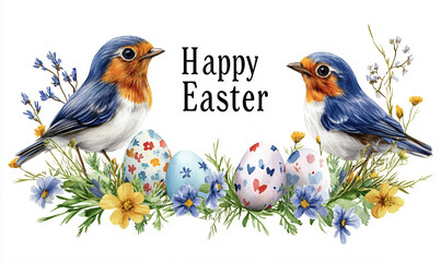 Fototapeta premium Delicate Easter Birds with Pastel Eggs Amongst Wildflowers against a Spring Scene