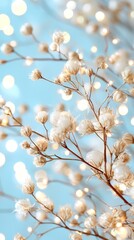 Delicate Dried Flowers with Fairy Lights Soft Blue Background Romantic Floral Arrangement