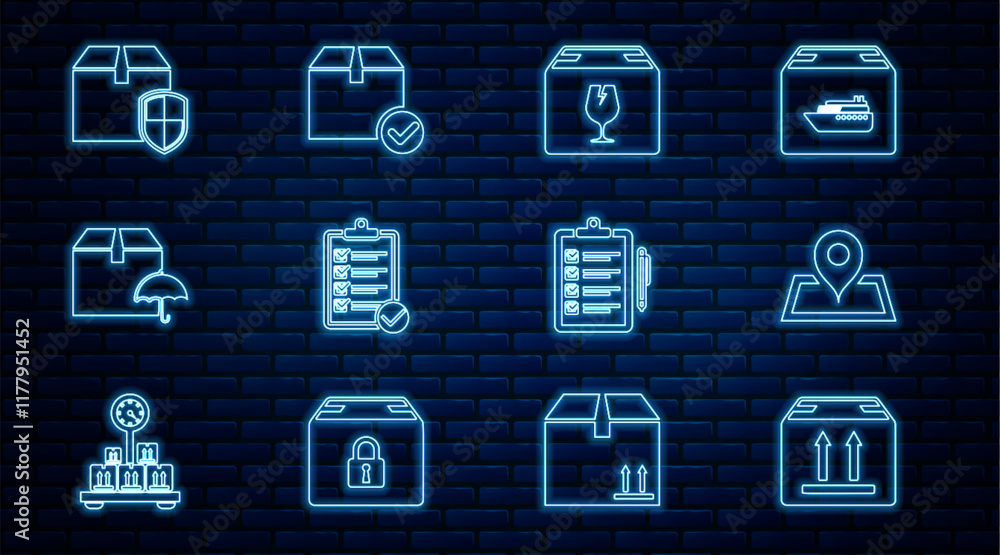 Poster set line cardboard box with traffic, placeholder on map, delivery fragile content, verification of d