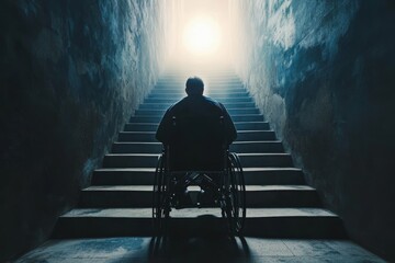 Individual in wheelchair stares at stairs illuminated by bright light in dim environment