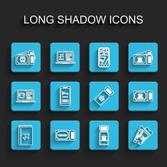 Set line Cover book travel guide, Ticket, Bus ticket, Museum, Train, Online hotel booking, and Airline icon. Vector
