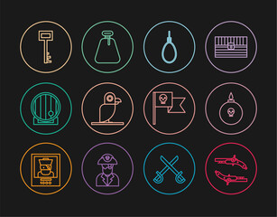 Set line Vintage pistols, Bomb ready explode, Gallows rope loop hanging, Pirate parrot, Wooden barrel, key, flag with skull and sack icon. Vector