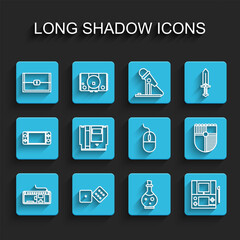Set line Computer keyboard, Game dice, Chest for game, Bottle with magic elixir, Portable video console, Cartridge, Shield and mouse icon. Vector