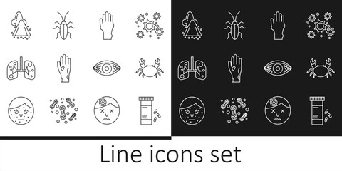 Set line Medicine bottle and pills, Crab, Hand with psoriasis or eczema, Lungs, Runny nose, Reddish eye allergic conjunctivitis and Cockroach icon. Vector
