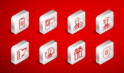 Set line Shield and dollar, Cinema camera, Profile settings, Graduate with graduation cap, Gift box, Smartphone, Human resources and Camera film roll cartridge icon. Vector