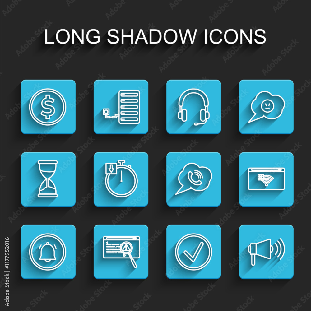 Poster set line button chat notification, system bug concept, coin money with dollar, check mark circle, me