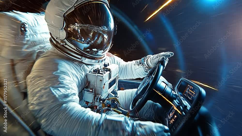 Poster astronaut navigating a spacecraft through the depths of space in high-definition footage