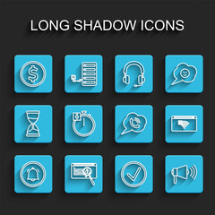 Set line Button chat notification, System bug concept, Coin money with dollar, Check mark circle, Megaphone, Stopwatch, No Internet connection and Speech bubble call icon. Vector