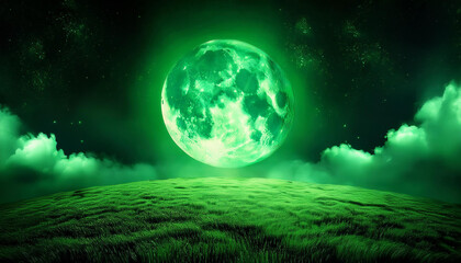 inexperienced night sky with green moon and clouds backhround green halloween historical past scary spooky night time full moon night time illustration