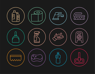 Set line Mop, Wet floor and cleaning in progress, Water tap, Spray bottle with detergent liquid, Dustpan, Bottles for agent, Washing hands soap and Toilet paper roll icon. Vector