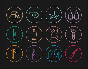 Set line Shotgun, Flashlight, Cartridges, Canteen water bottle, Hunter knife, Tourist tent, Bear skin and Whistle icon. Vector