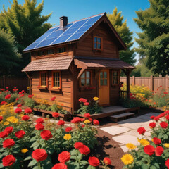 Tiny House with Solar Panels and Flower Garden