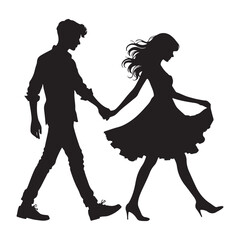 Romantic Couple Silhouette Walking Hand in Hand