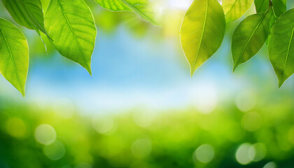 Obraz premium blur background of green leaves with sky bokeh nature