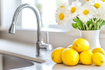 Sleek modern kitchen featuring white cabinets, elegant faucet, fresh lemons, and vibrant flowers