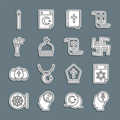 Set line Cross ankh, Jewish calendar, Hindu swastika, Holy bible book, Muslim Mosque, Aspergillum, Burning candle and Torah scroll icon. Vector