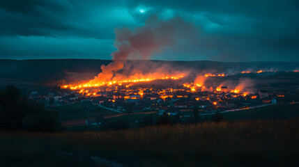 Fototapeta premium A village lit by glowing fire pits, with smoke rising into the sky as the background, during a peaceful twilight