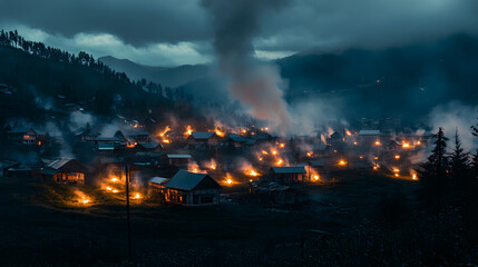 A village lit by glowing fire pits, with smoke rising into the sky as the background, during a peaceful twilight