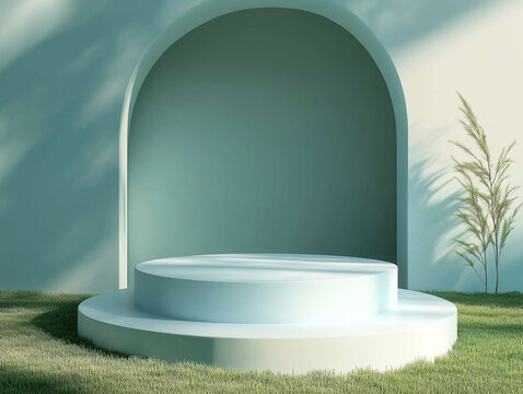 Product podium for product display. Mock-up for exhibitions or presentation of cosmetic products or packaging.