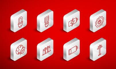 Set line Electric tower, LED light bulb, Battery, Power button, Hydroelectric dam and Earth globe and leaf icon. Vector