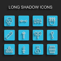 Set line King crown, Sword for game, Skull, Old money bag, Gun powder barrel, Magic wand, key and Medieval poleaxe icon. Vector