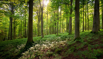 Naklejka premium green hardwood forest in summer season