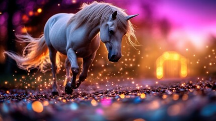 An elegant white unicorn running through a dazzling landscape illuminated with sparkling lights, symbolizing beauty, magic, and wonder in a captivating natural setting.