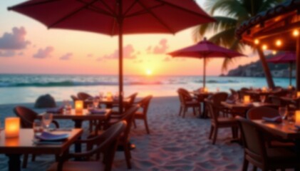 Softly fading sunset light with blurred bokeh effect creates a warm ambiance in a beach restaurant, beach, sunset
