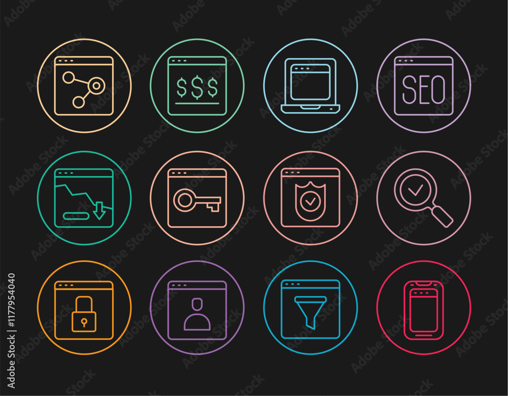 Poster set line mobile phone, magnifying glass with check mark, laptop browser window, secure your site htt