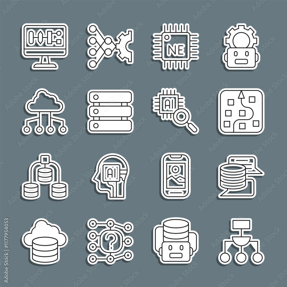 Poster Set line Algorithm, Server, Data, Neural network, Processor CPU, Network cloud connection, and icon. Vector