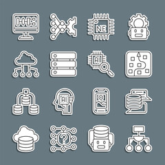 Set line Algorithm, Server, Data, Neural network, Processor CPU, Network cloud connection, and icon. Vector