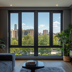 Fototapeta premium Retractable Dual-Pane Skyline Window with Deep Grey Frames for Dynamic Views