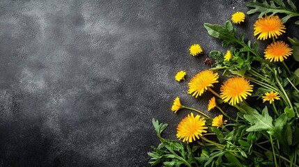 Bright yellow dandelions and green leaves arranged on a dark textured surface