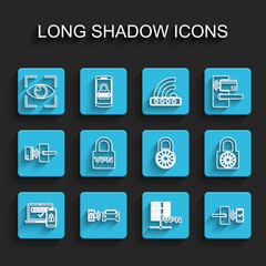 Set line Two steps authentication, Smart car alarm system, Eye scan, Server VPN, Digital door lock with wireless, Lock, Safe combination wheel and icon. Vector