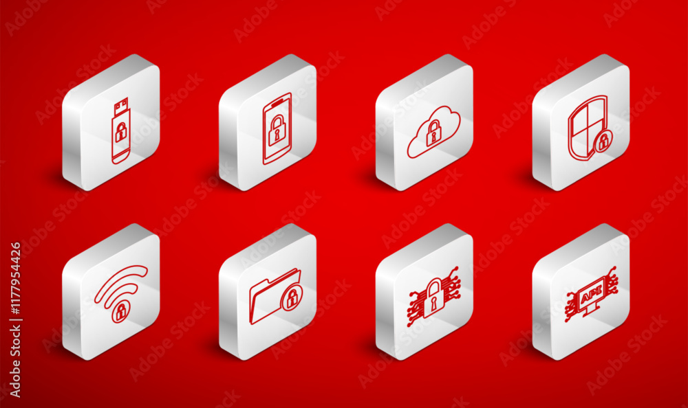 Poster set line computer api interface, smartphone with lock, cloud computing, shield security, cyber, usb 