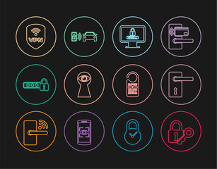 Set line Lock and key, Door handle, Monitor with password, Keyhole eye, Password protection, Shield VPN wireless, Please do not disturb and Smart car alarm system icon. Vector
