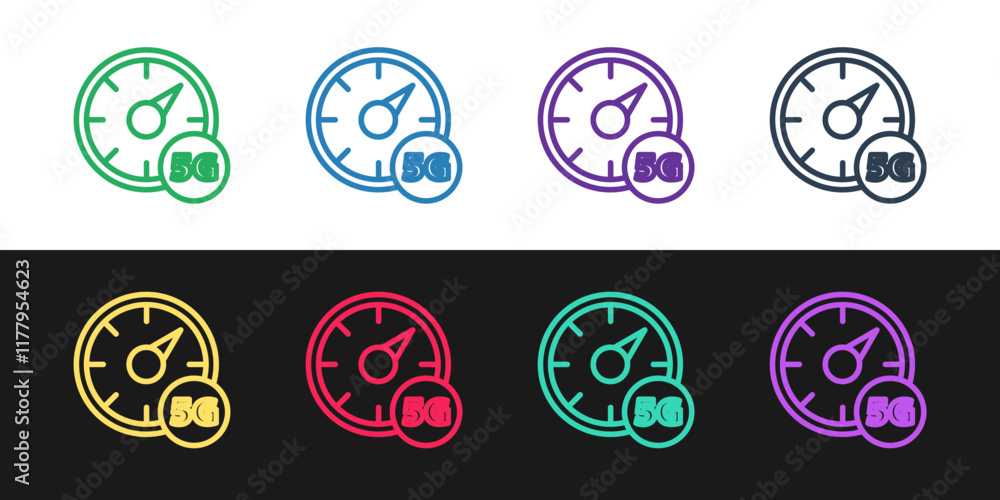 Poster set line digital speed meter concept with 5g icon isolated on black and white background. global net