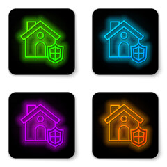 Glowing neon line House with shield icon isolated on white background. Insurance concept. Security, safety, protection, protect concept. Black square button. Vector.