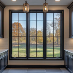 Rolling Three-Part Horizon Window with Ebony Frames for Expansive Views