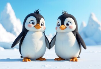 Obraz premium Cute cartoon penguins expressive faces in a snowy landscape with icebergs and a clear blue sky