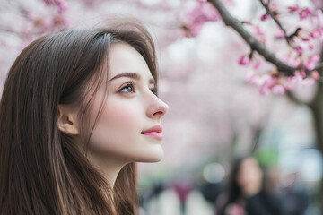 Generative AI portrait of a young Asian person enjoying spring serene moment in a blooming Japanese park