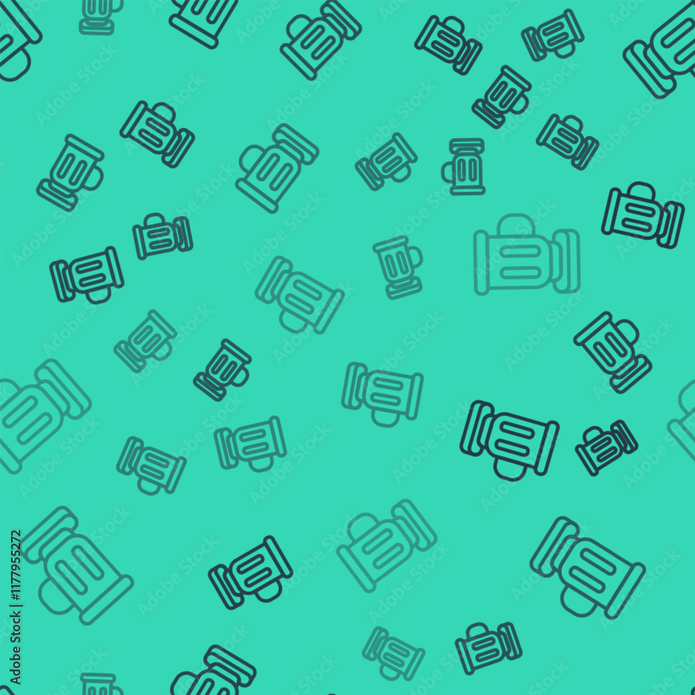 Poster black line medieval goblet icon isolated seamless pattern on green background. vector