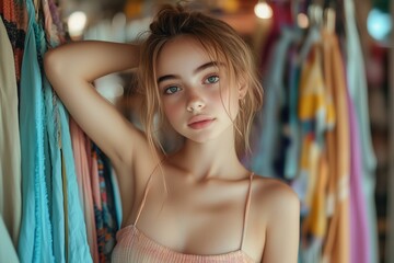 Naklejka premium Girl trying on lightweight summer clothes in a vibrant boutique setting