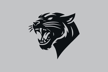 Minimalist black silhouette of a roaring panther head, bold and fierce