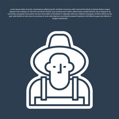 Blue line Farmer in the hat icon isolated on blue background. Vector