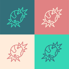 Pop art line Bomb explosive planet earth war danger icon isolated on color background. Vector