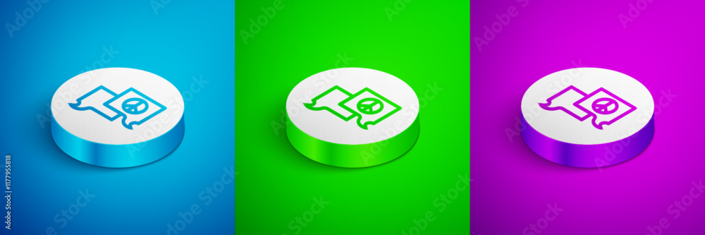 Poster isometric line speech bubble chat icon isolated on blue, green and purple background. message icon. 