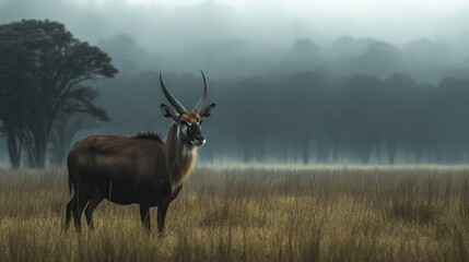 Fototapeta premium Majestic Sable Antelope in Misty African Savanna
