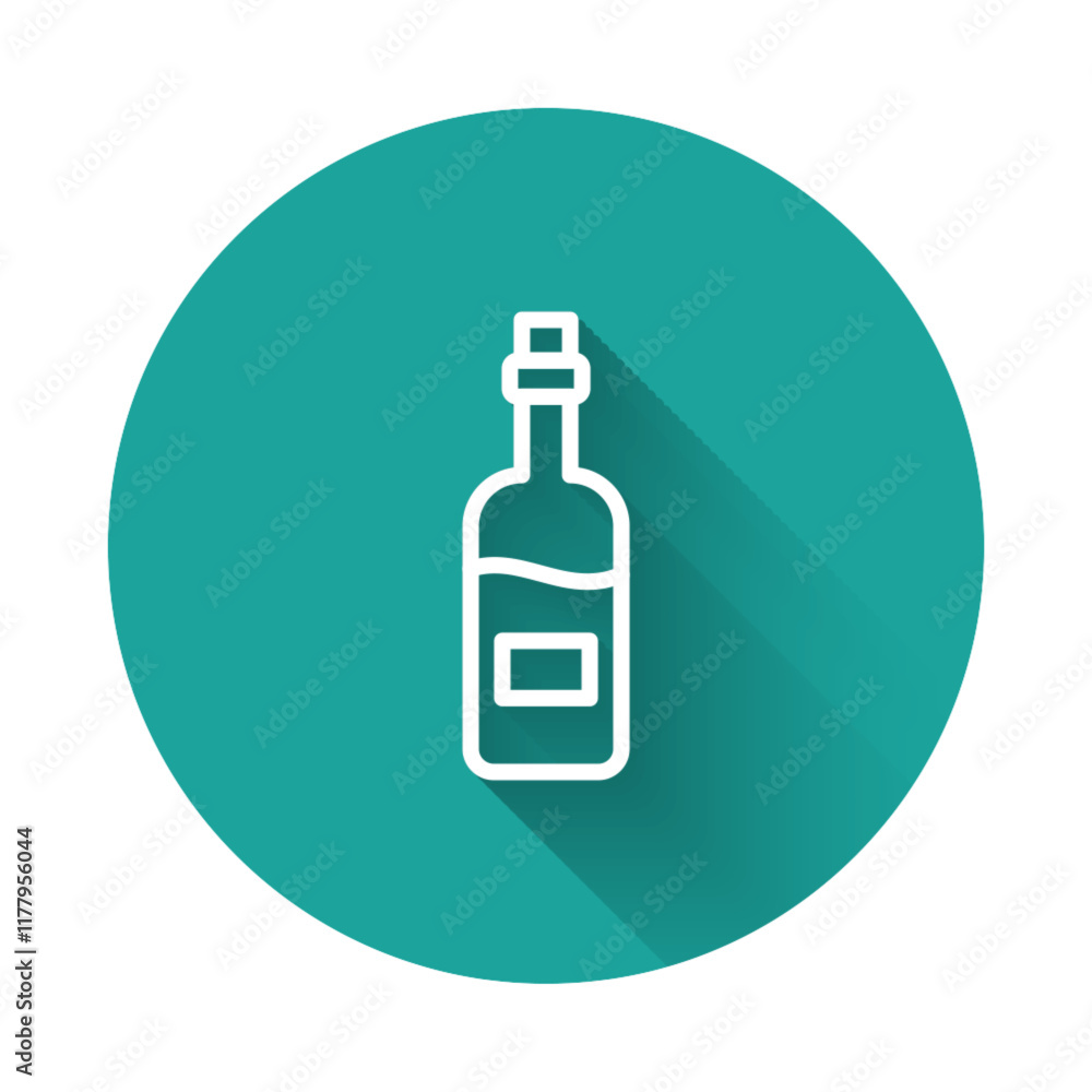 Poster white line bottle of wine icon isolated with long shadow background. green circle button. vector
